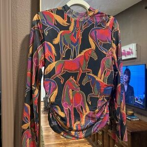 FARM Rio Wild Horses Print Long Sleeve Mesh Turtleneck Top